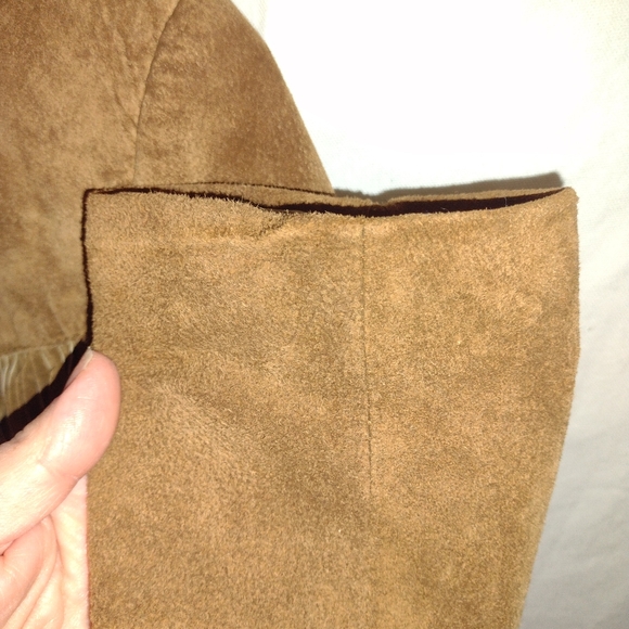 SOLD women's denim and co 100% leather shell fringe tan jacket button up small - Picture 6 of 11